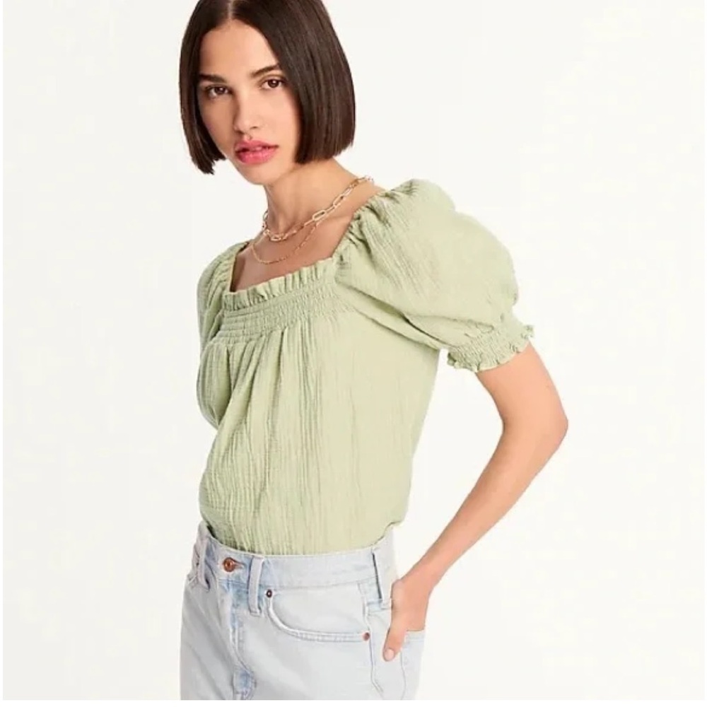 J. Crew Green Squareneck Puff Sleeve Soft Cotton Gauze Blouse Size XXL